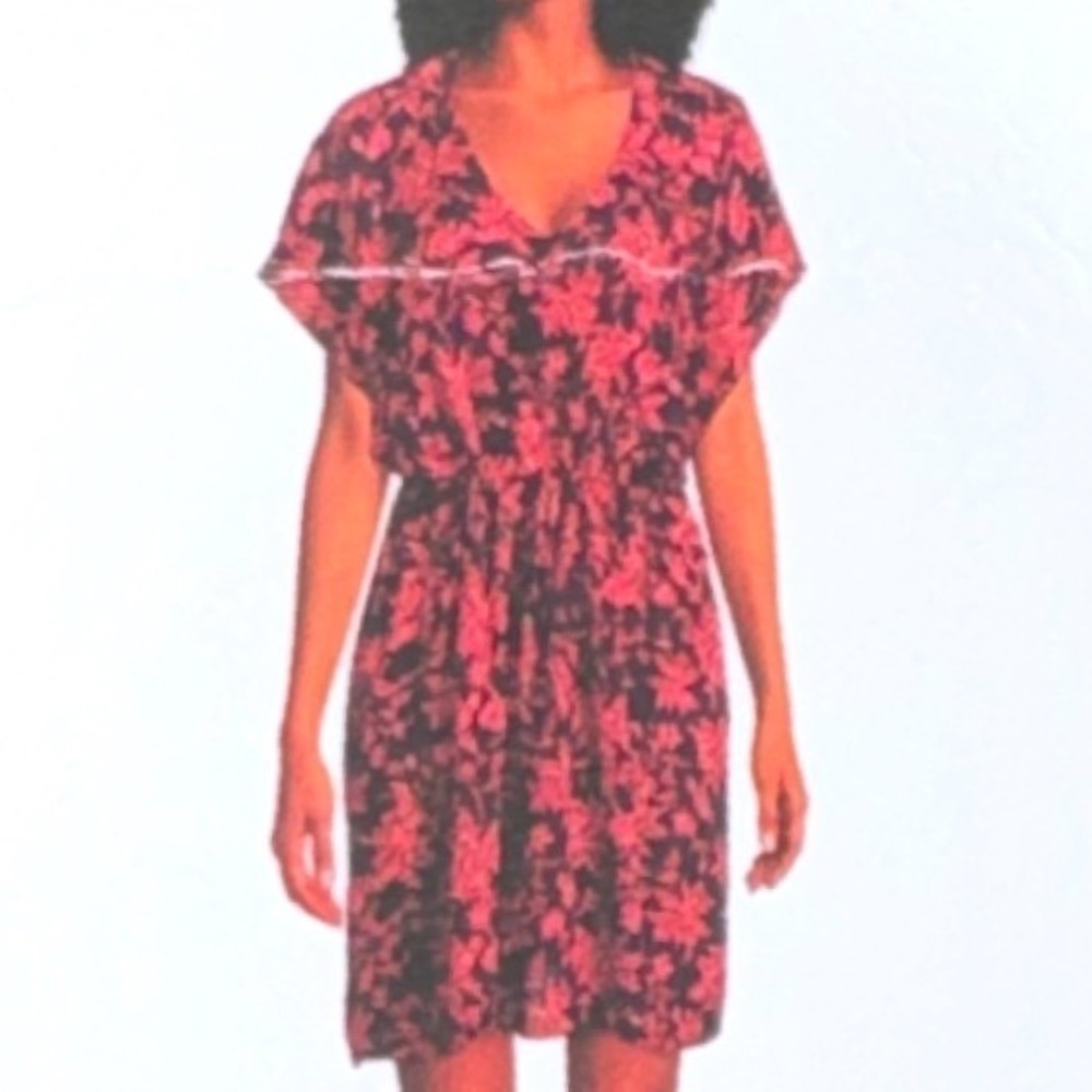 Lands' End Floral V-Neck Dress Womens XL/XXL Navy Pink NEW Short Sleeve‎ Elastic